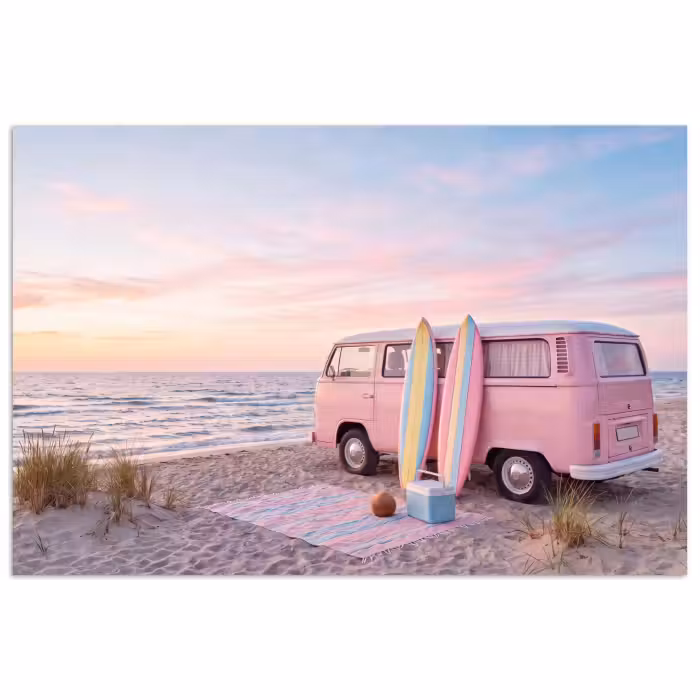 Poster - Kleinbus – Strand – Surfbrett – Sommer – Rosa