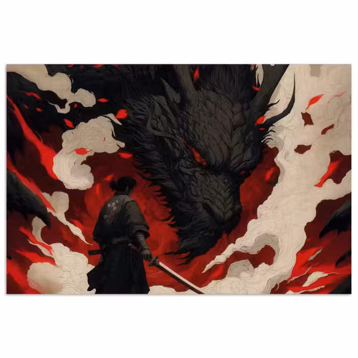 Poster - Krieger - Drache - Schwarz - Rot - Rauch