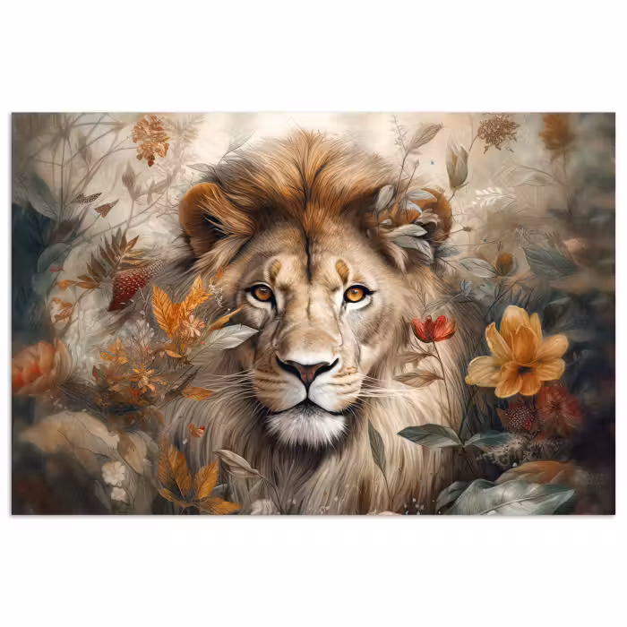 Poster - Löwe - Wildtiere - Pflanzen - Natur - Blumen