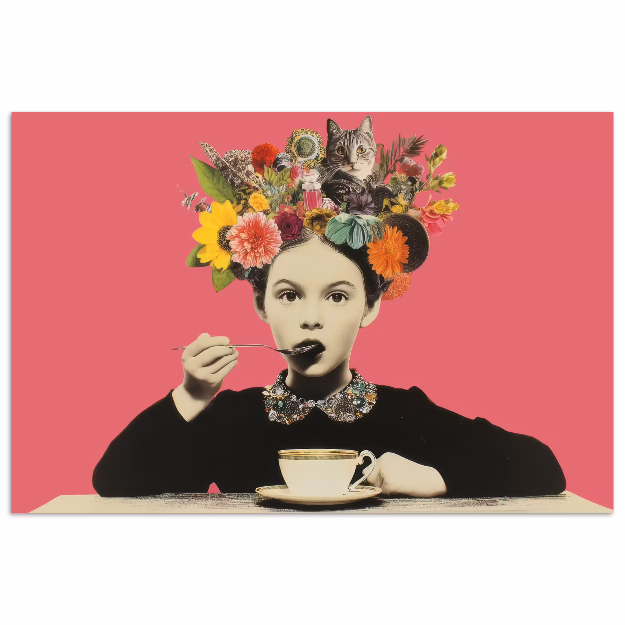 Poster - Mädchen - Tasse - Blumen - Rosa