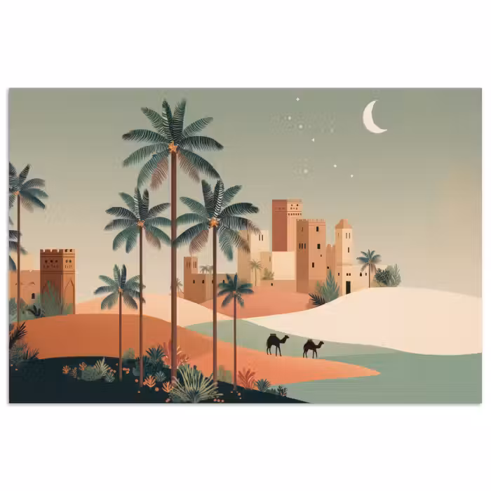Poster - Nachtlandschaft - Kamele - Sterne - Sanddünen