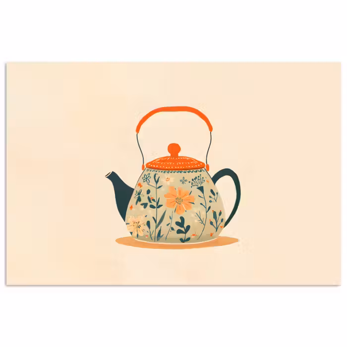 Poster - Orange - Teekanne - Blumen - Blätter