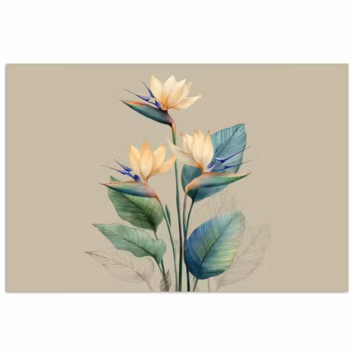 Poster - Paradiesvogelblüten - Blaugrüne Blätter - Beige