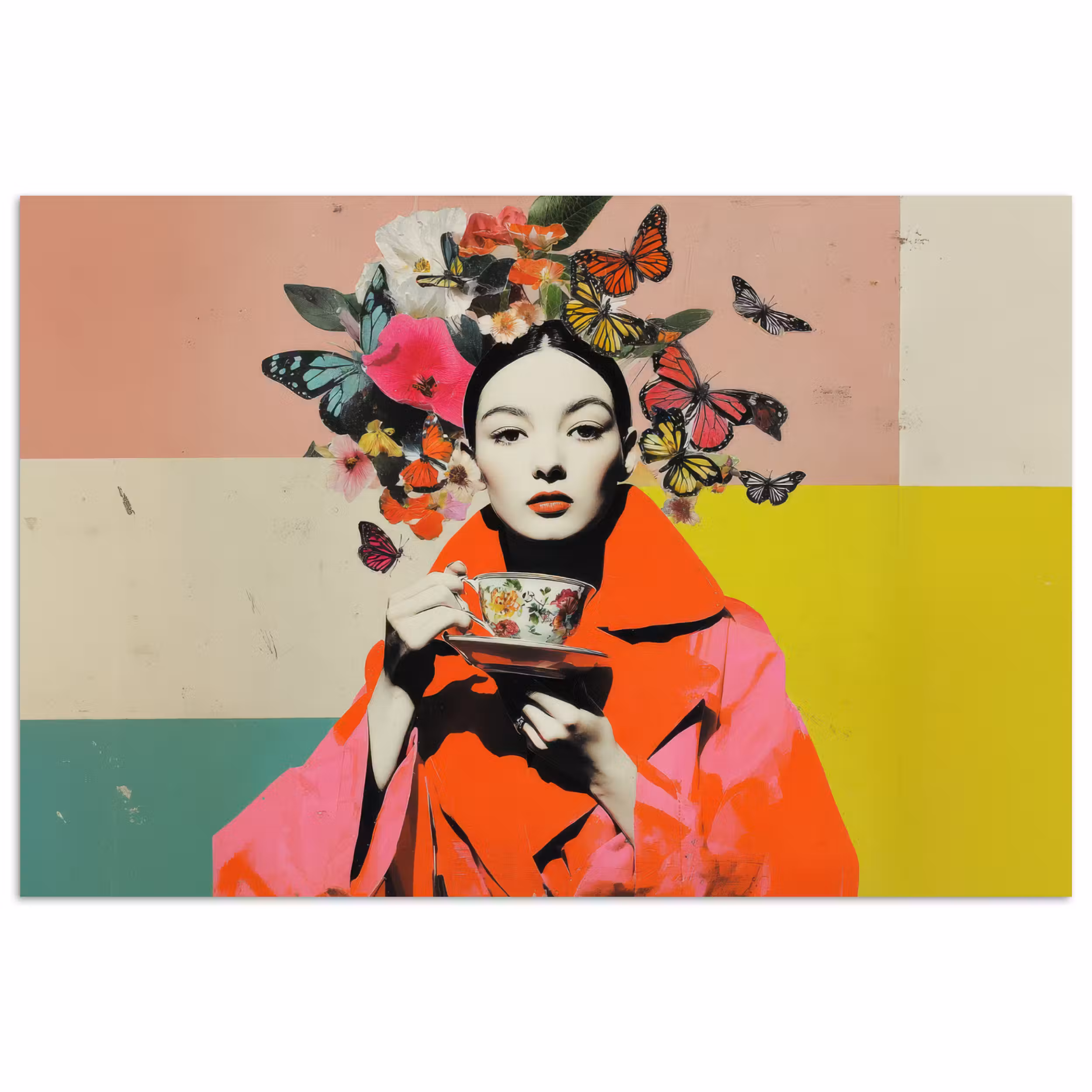 Poster - Retro - Frau - Tasse - Schmetterlinge