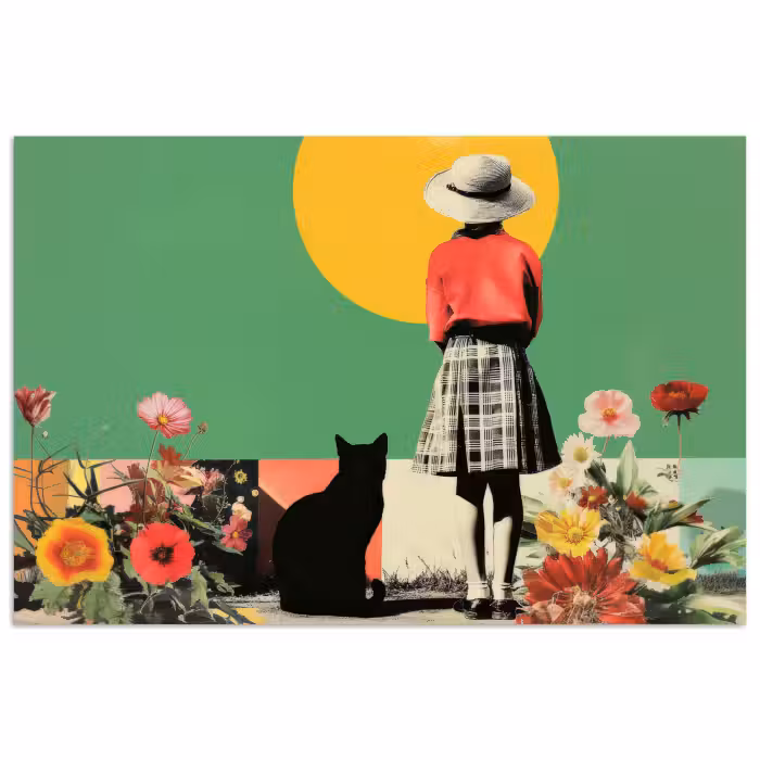 Poster - Retro - Mädchen - Katze - Sonne
