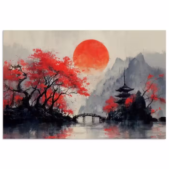 Poster - Rote Sonne - Fluss - Brücke - Bäume