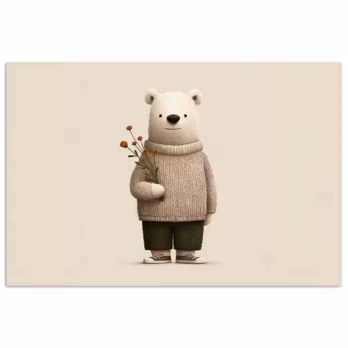 Poster - Teddybär - Orangefarbene Blumen - Freundlich