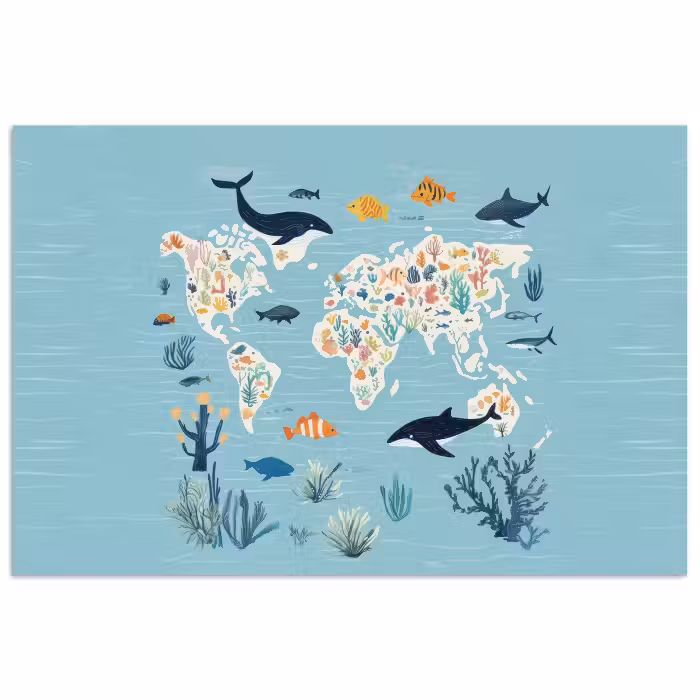 Poster - Weltkarte - Meeresleben - Blau