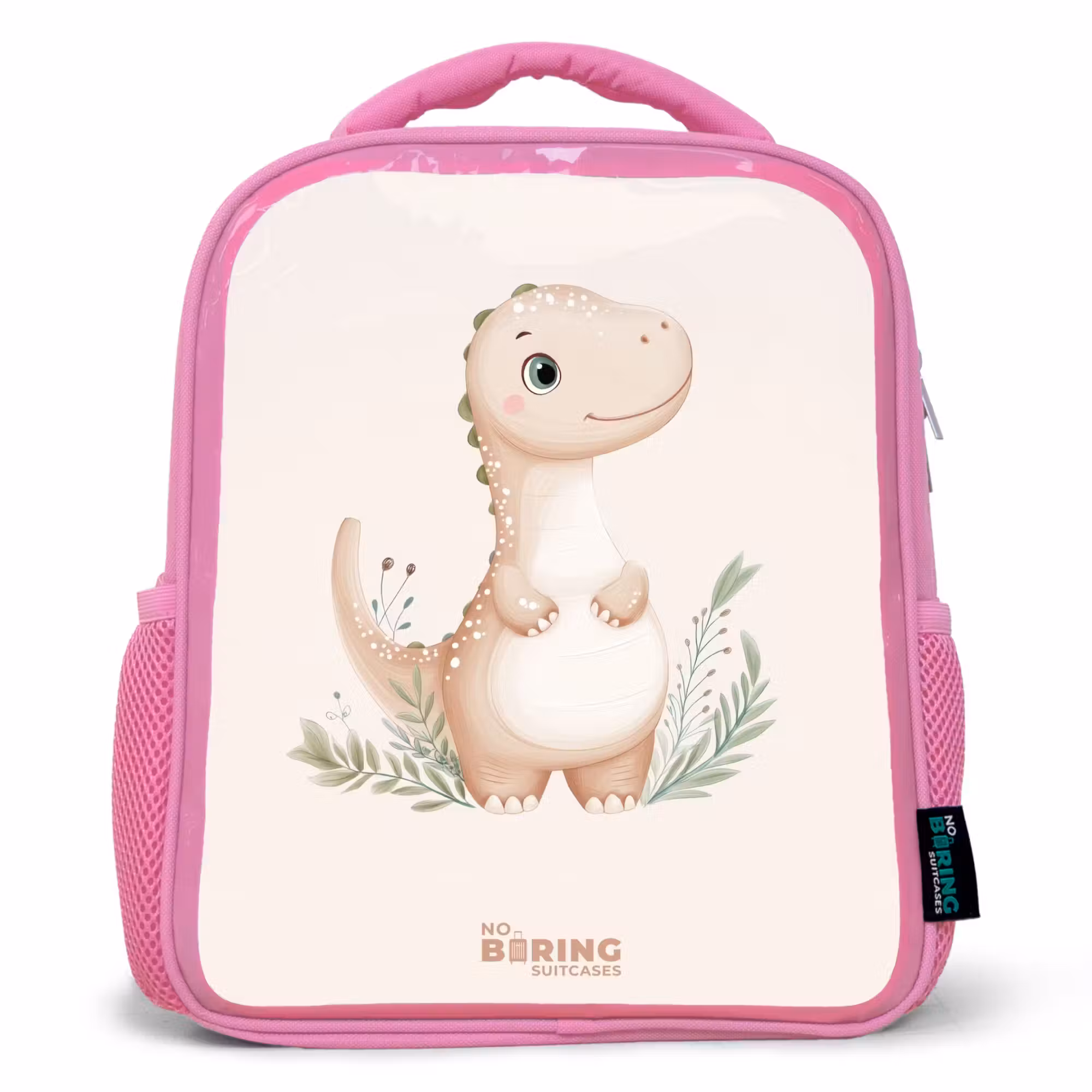 Rucksack Kind - Rosa - Beigefarbener Dinosaurier mit grünen Blättern