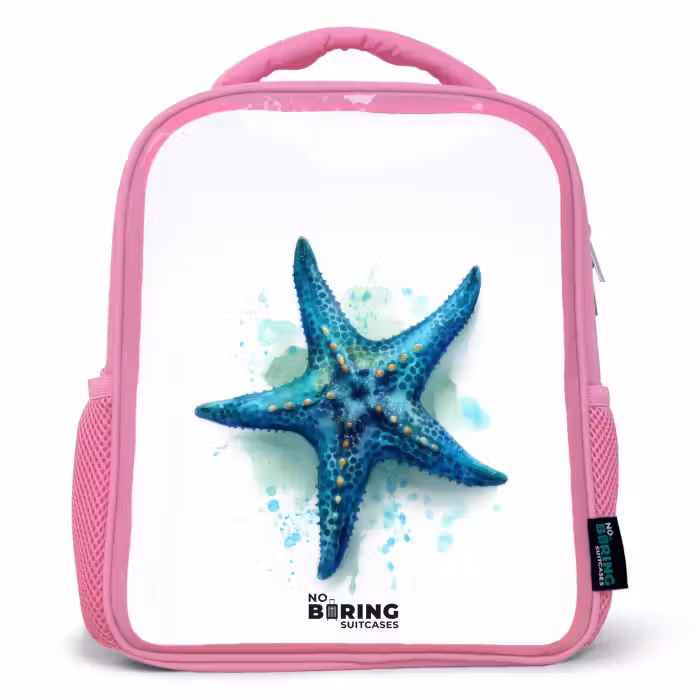 Rucksack Kind - Rosa - Blauer Seestern auf weißem Hintergrund