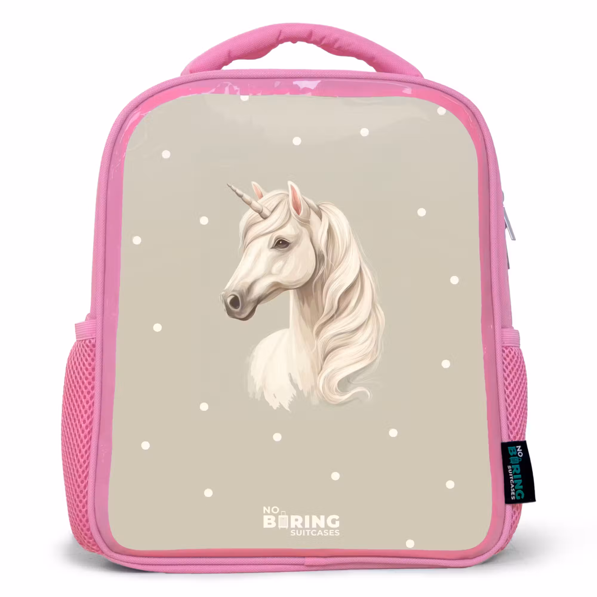 Rucksack Kind - Rosa - Einhorn umgeben von Polka Dots in neutralen Farben