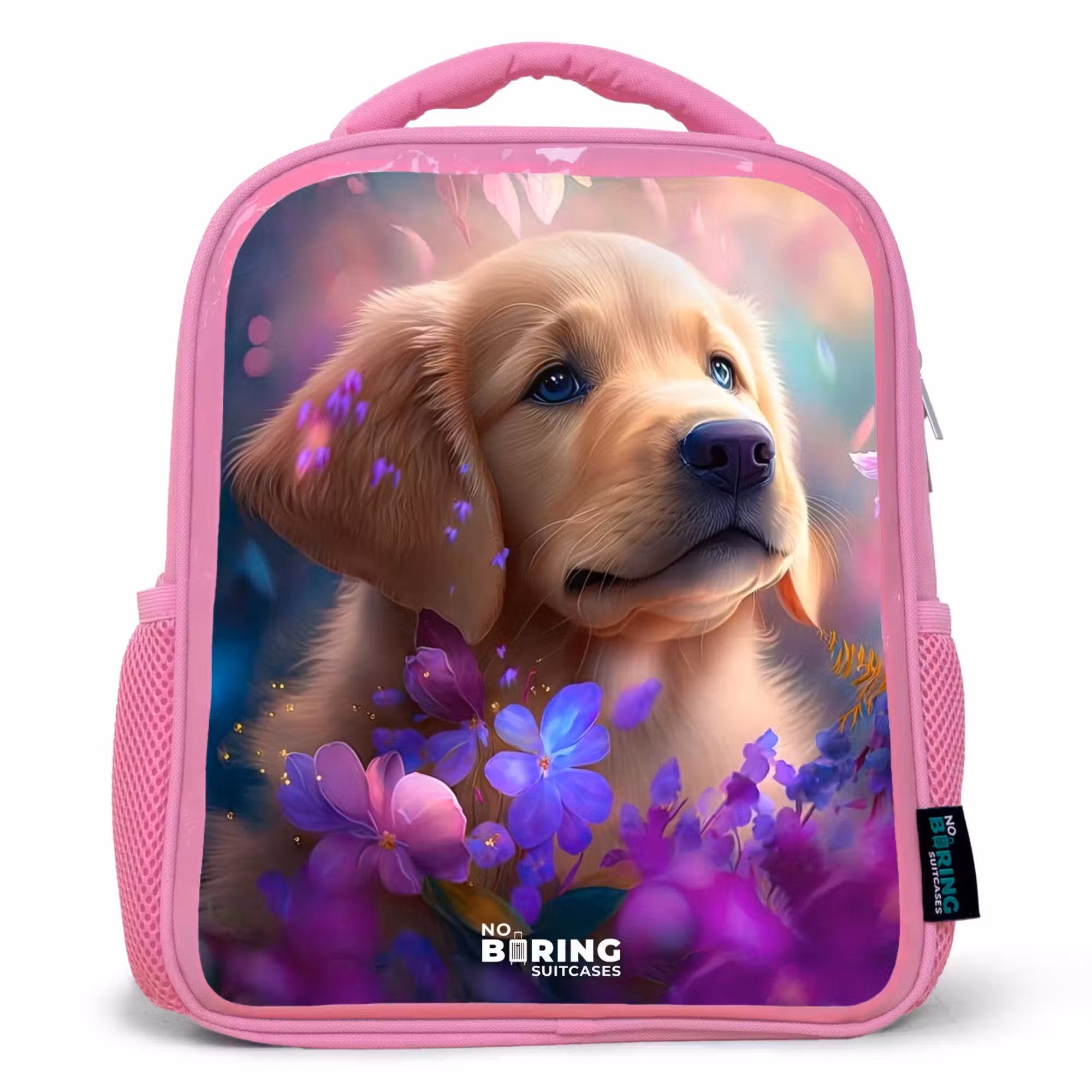 Rucksack Kind - Rosa - Junger Hund inmitten bunter Blumen