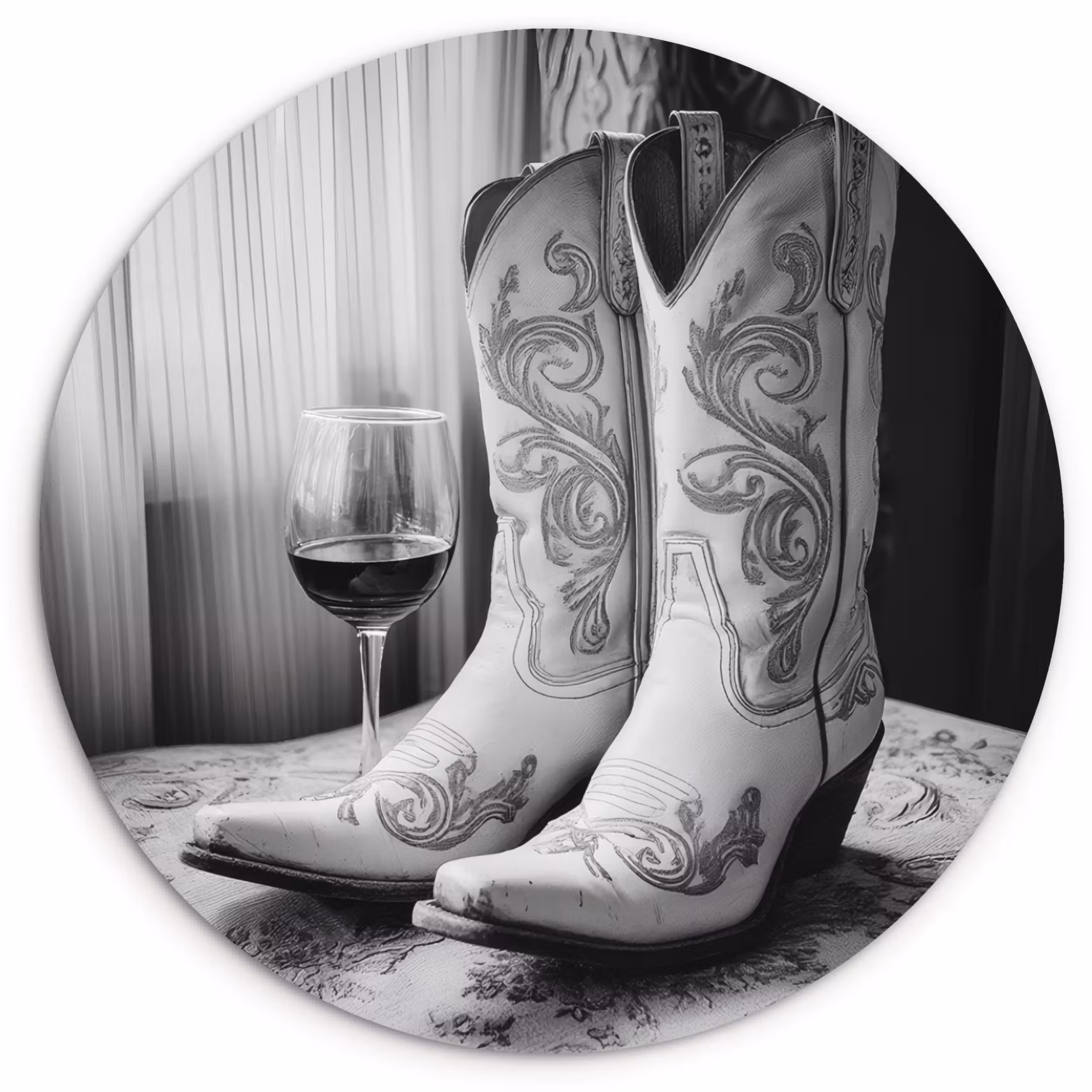Forexbild Rund - Wein - Cowboystiefel - Fensterlicht - Weiß