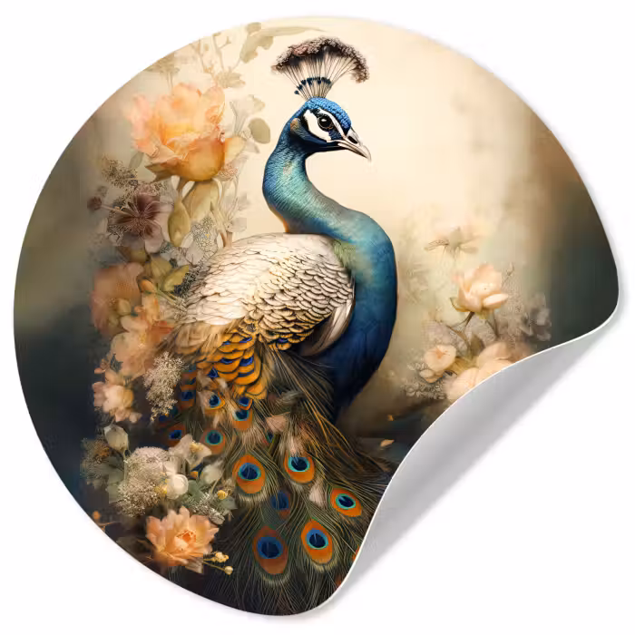Runde Tapete - Pfau - Pfauenfedern - Blumen - Botanisch