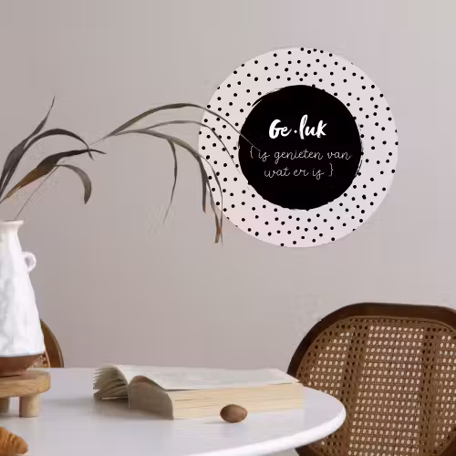 Tekst - Geluk definitie - Quotes - Geluk (is genieten van wat er is) - Woordenboek Wandcirkel behangsticker klein -sfeer3