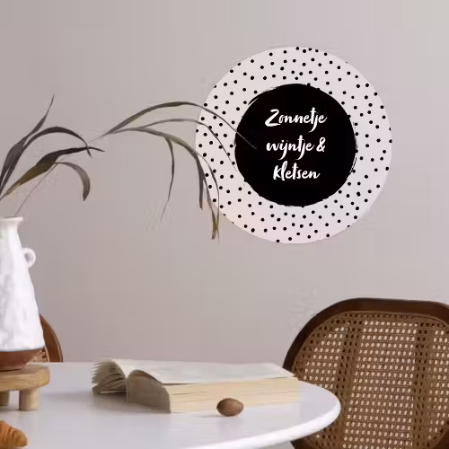 Tekst - Quotes - Zonnetje, wijntje & kletsen - Wijn Wandcirkel behangsticker klein -sfeer3