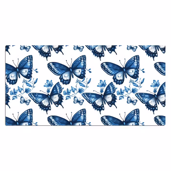 Schreibtischunterlage - Blau - Schmetterlinge - Blumen - Weiß