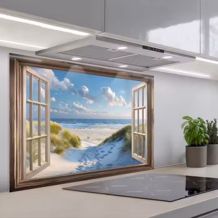 Spritzschutz Küche - Aussicht - Strand - Fenster - Dünen - Meer