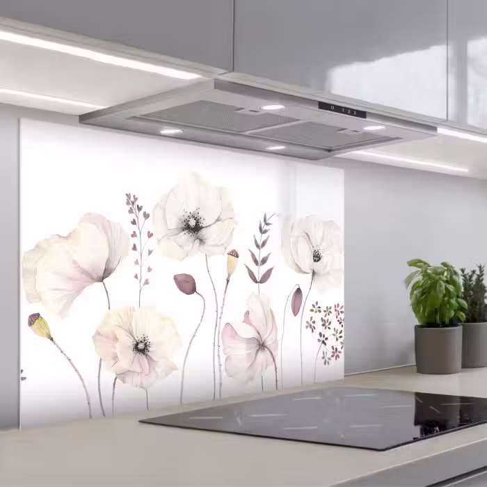 Spritzschutz Küche - Blumen - Pastell - Pflanzen - Weiß