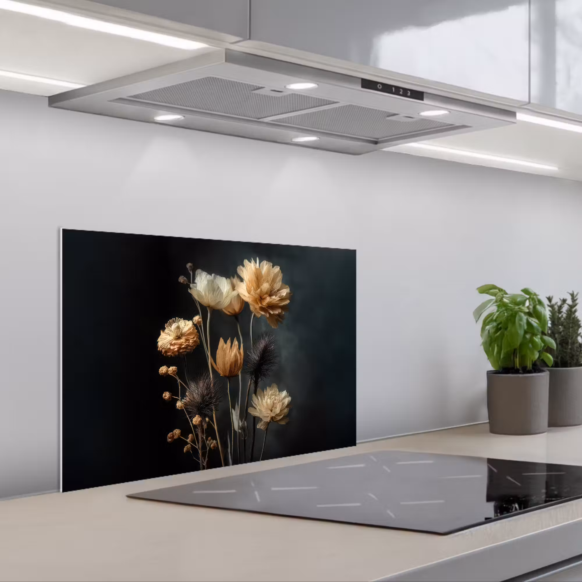 Spritzschutz Küche - Blumenstrauß - Blumen - Licht - Schwarz