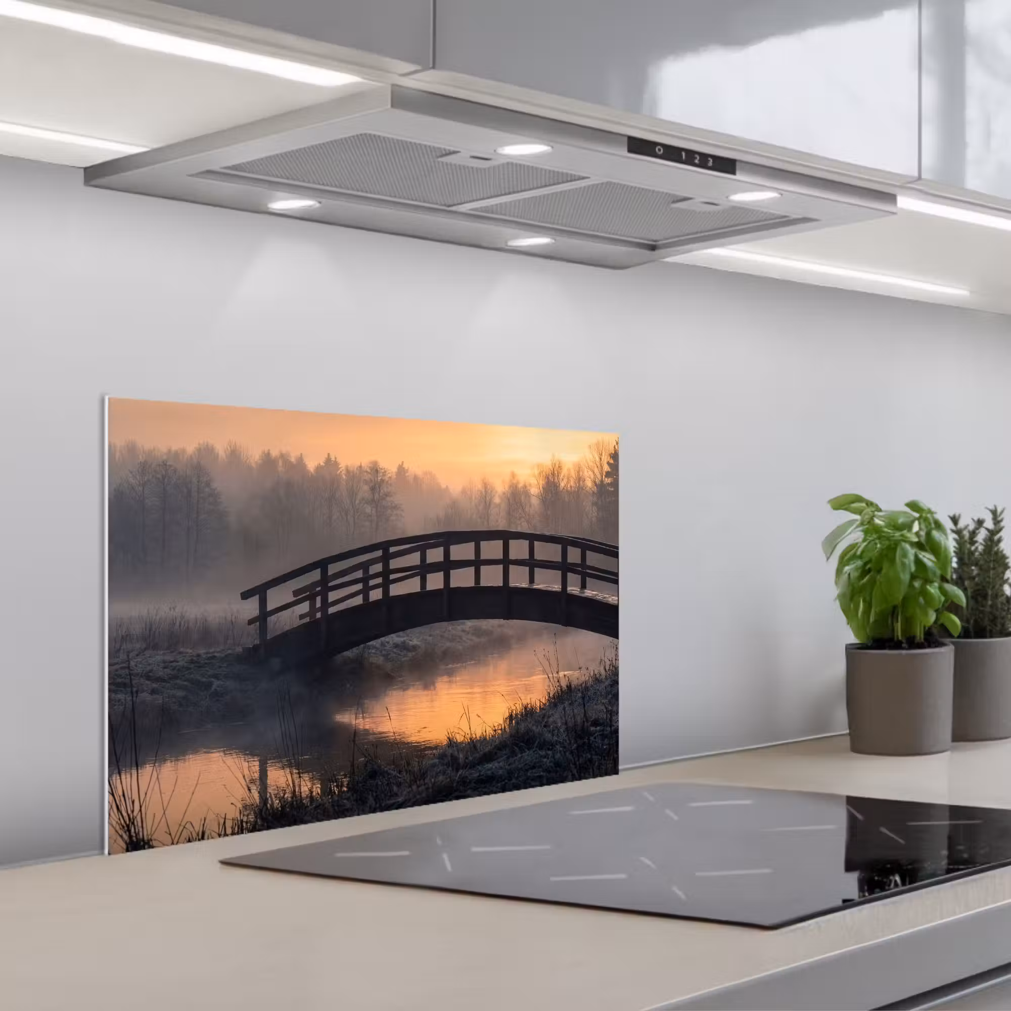 Spritzschutz Küche - Brücke - Nebel - Bäume - Wasser