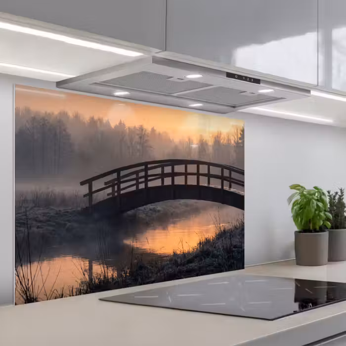 Spritzschutz Küche - Brücke - Nebel - Bäume - Wasser