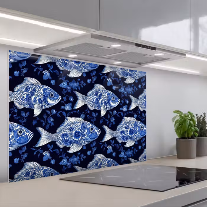 Spritzschutz Küche - Fische - Blumen - Blau