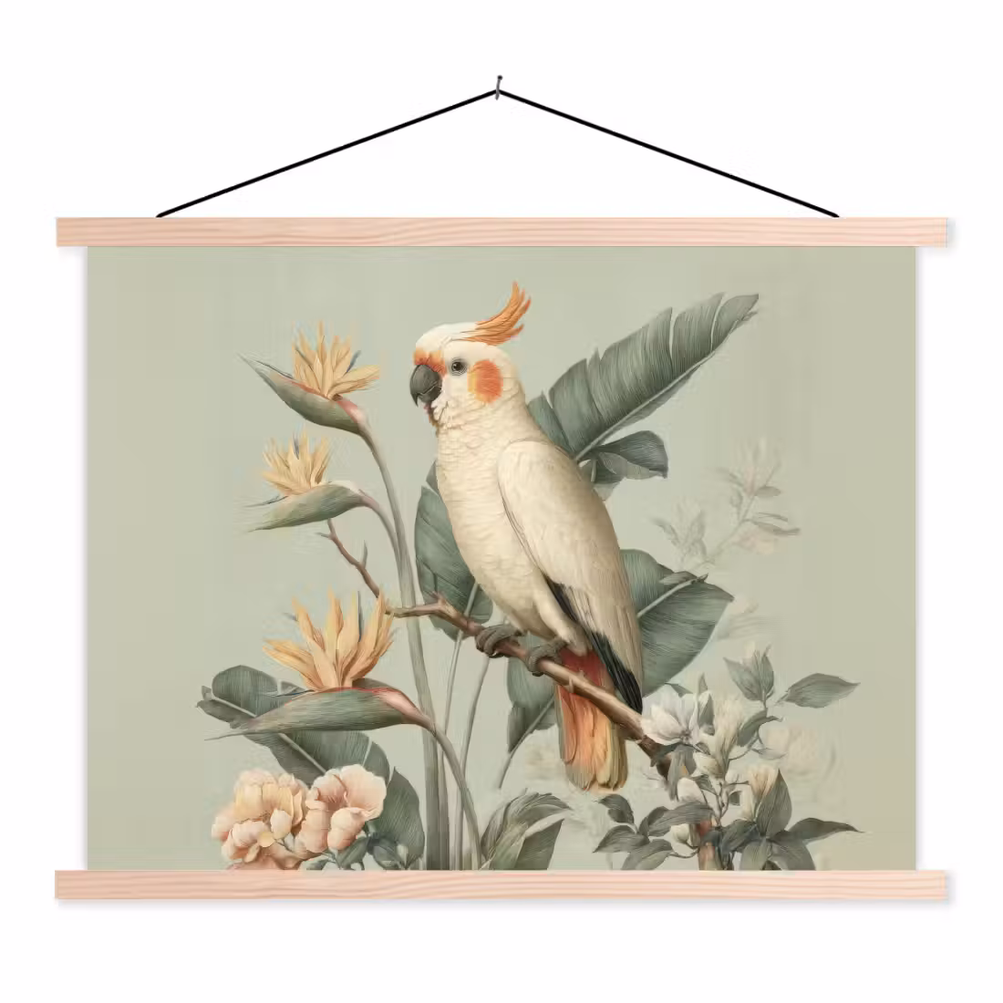 Stoffbild - Gelbhaubenkakadu - Paradiesvogel Blumen - Grün
