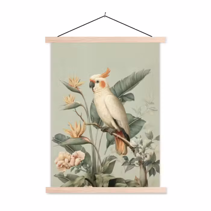 Stoffbild - Gelbhaubenkakadu - Paradiesvogel Blumen - Grün