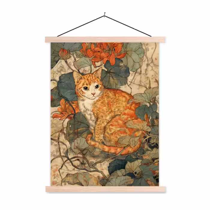 Stoffbild - Katze - Ornamental - Blumen