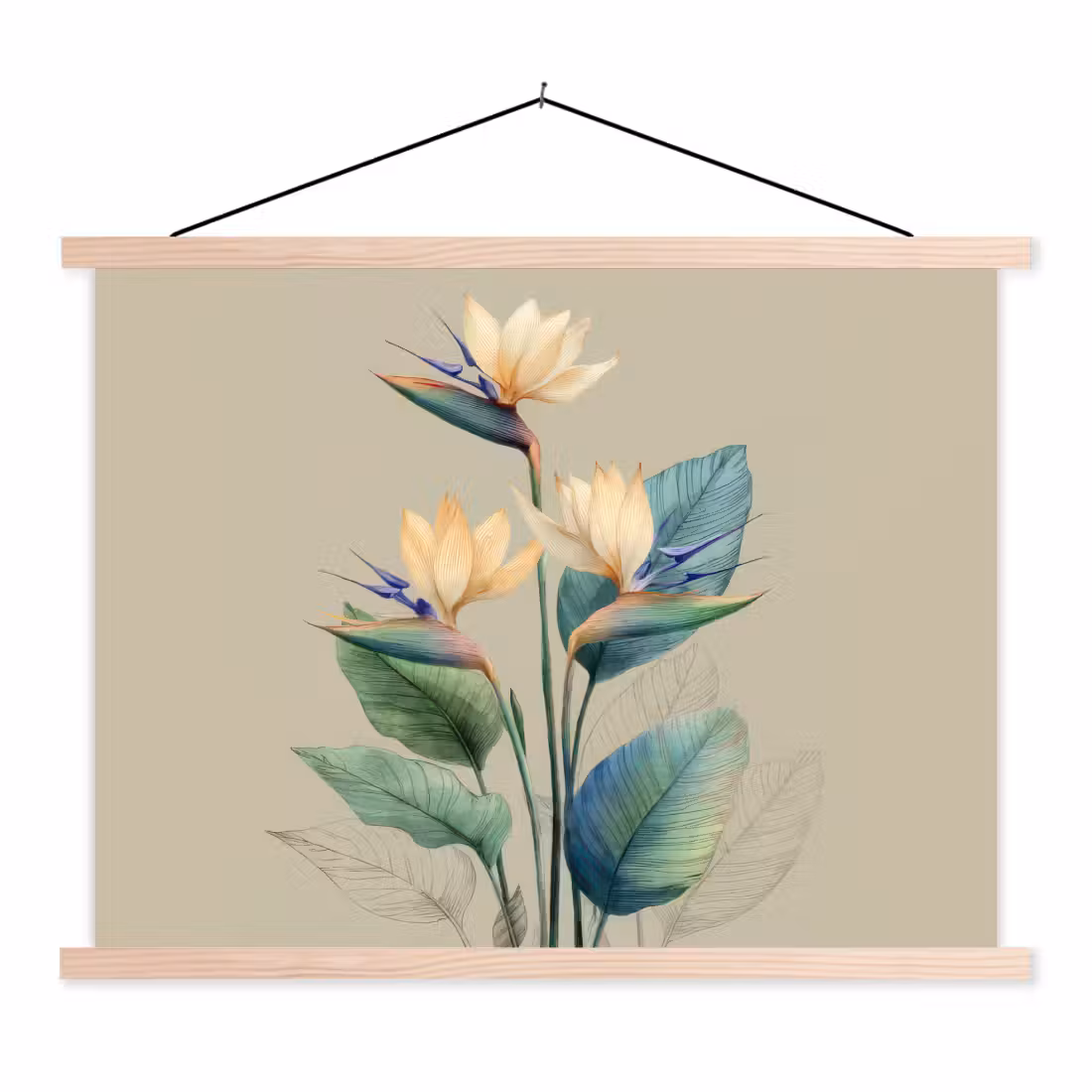 Stoffbild - Paradiesvogelblüten - Blaugrüne Blätter - Beige