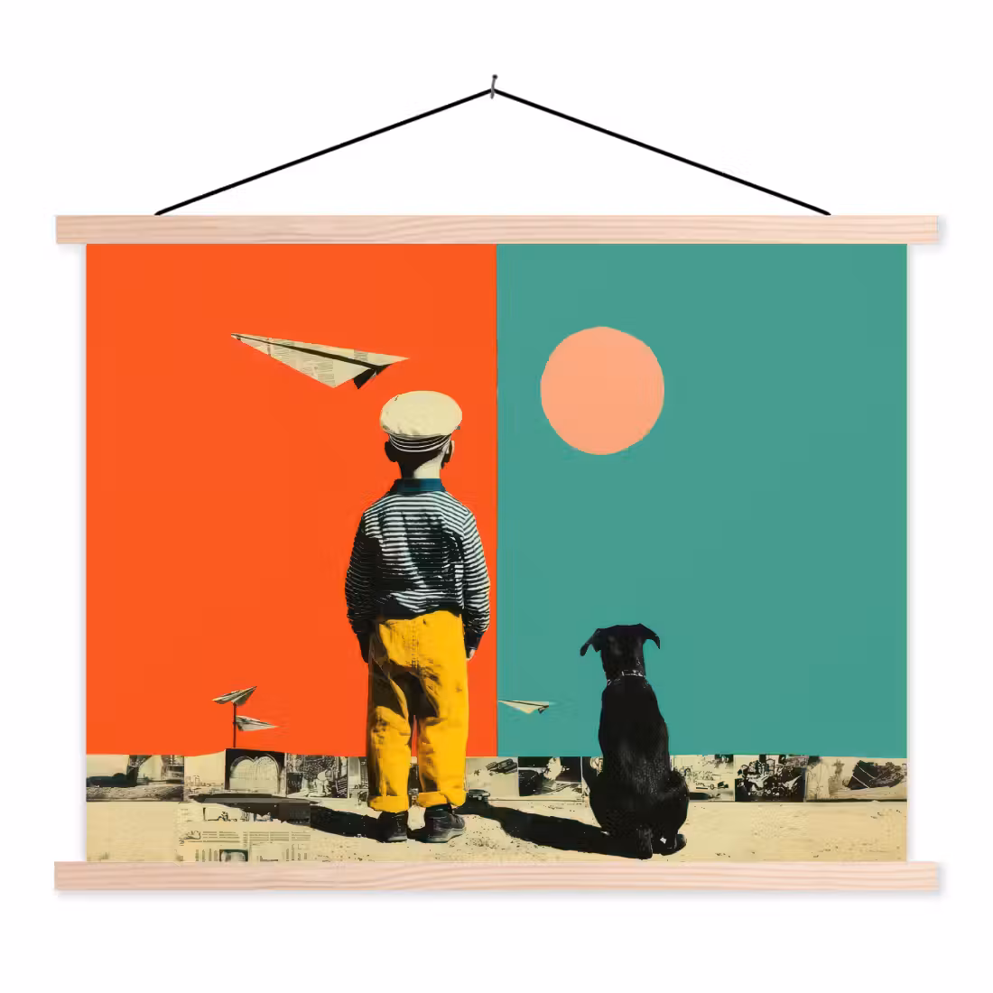 Stoffbild - Retro - Junge - Hund - Rot - Grün