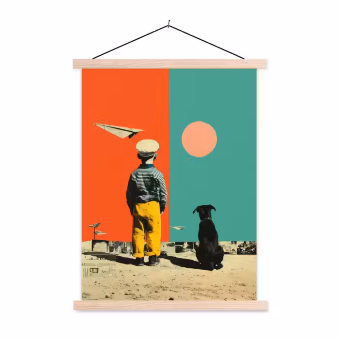 Stoffbild - Retro - Junge - Hund - Rot - Grün
