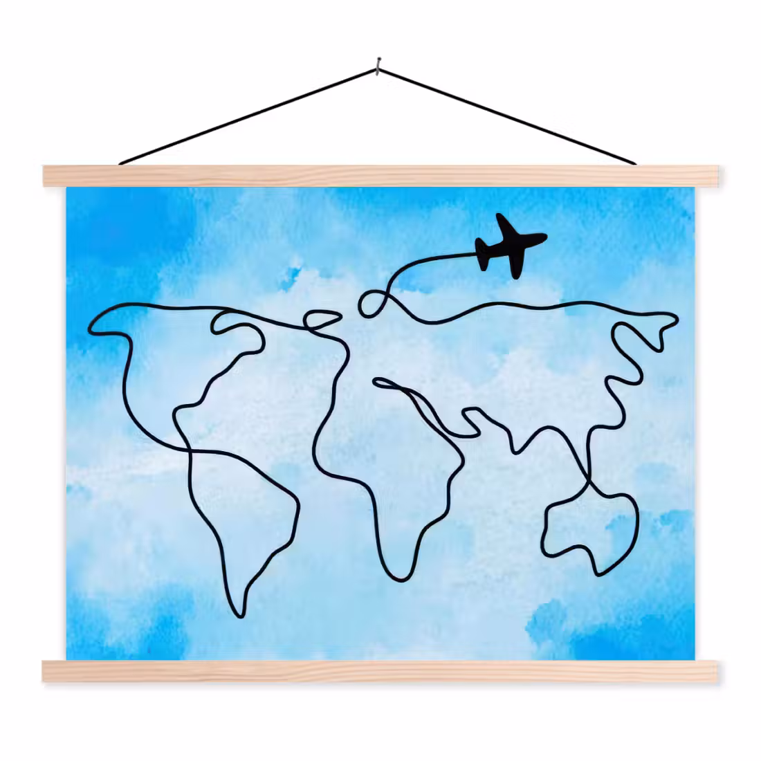Stoffbild - Aquarell - Blau - Weltkarte - Flugzeug