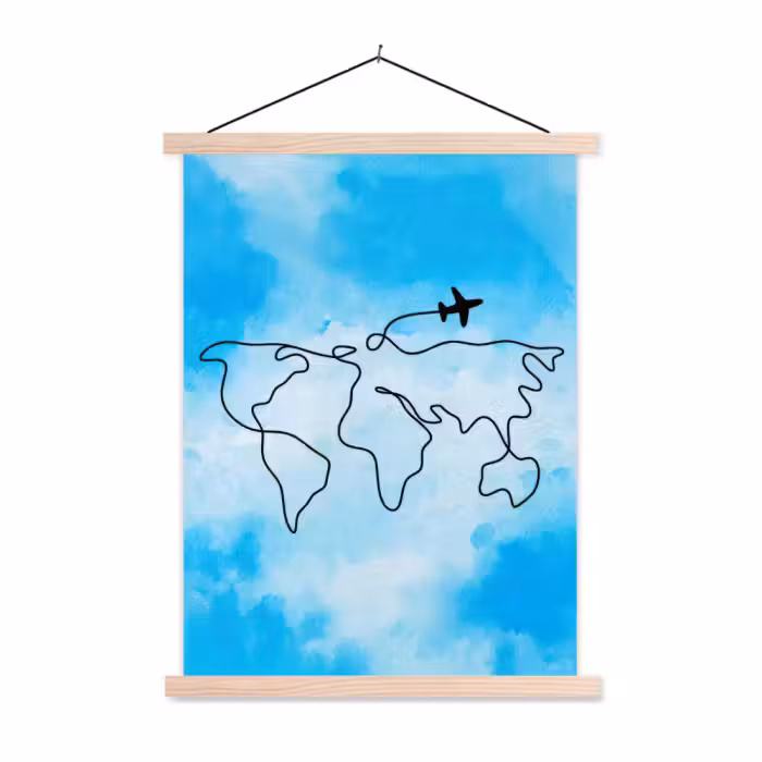 Stoffbild - Aquarell - Blau - Weltkarte - Flugzeug