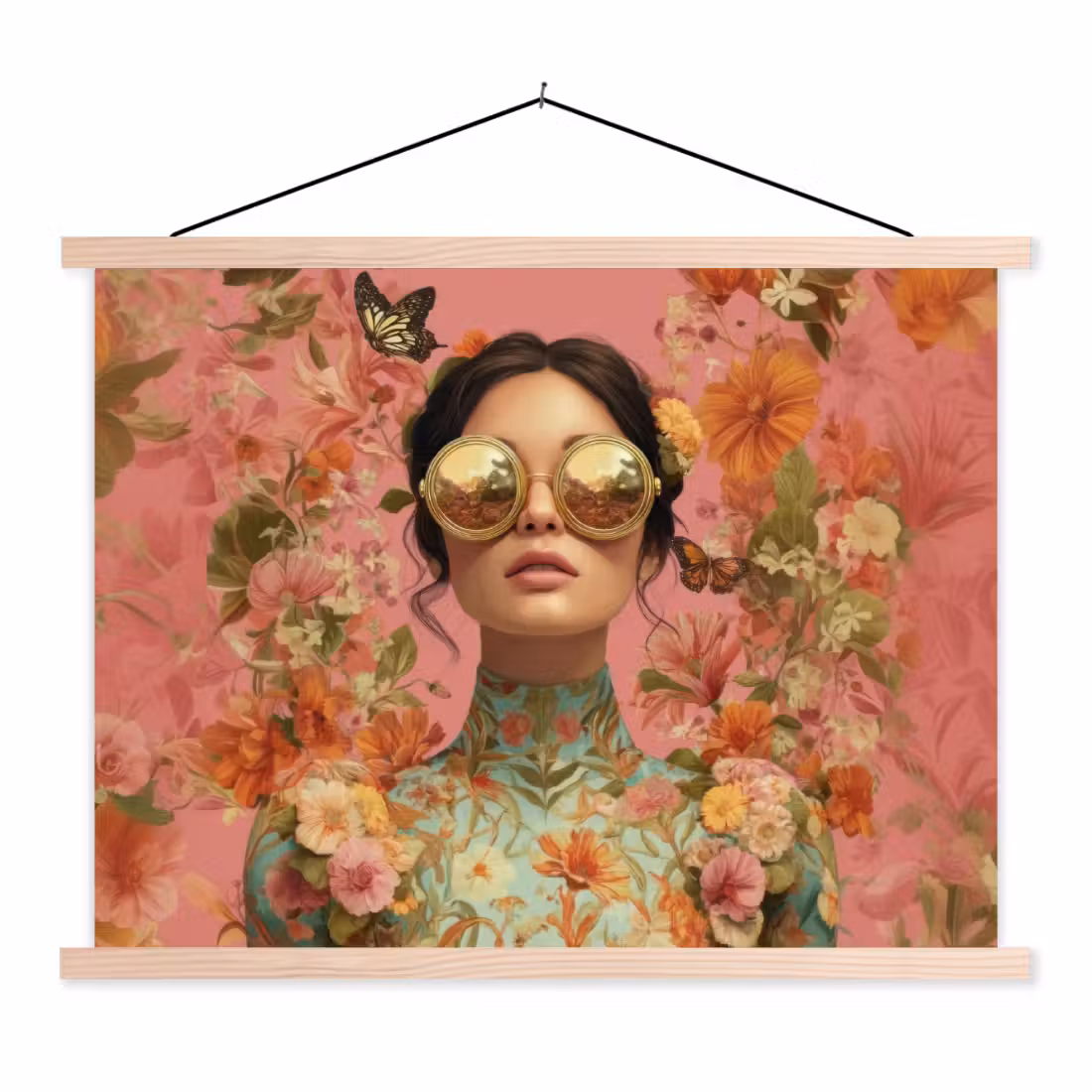 Stoffbild - Frau - Brille - Rosa - Blumen
