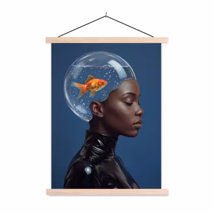 Stoffbild - Frau – Goldfisch – Kopf – Abstrakt – Blau