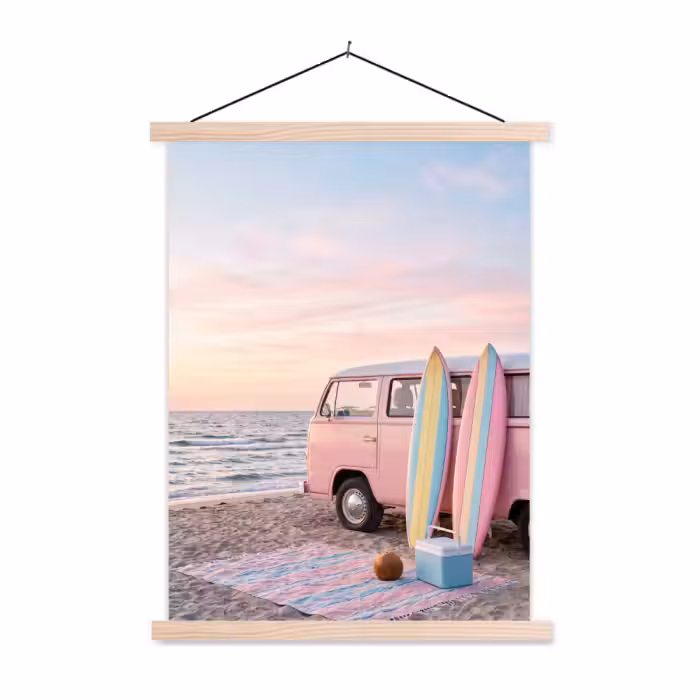 Stoffbild - Kleinbus – Strand – Surfbrett – Sommer – Rosa