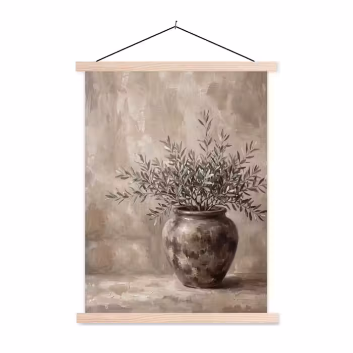 Stoffbild - Olivenpflanze - Tontopf - Abstrakt - Beige