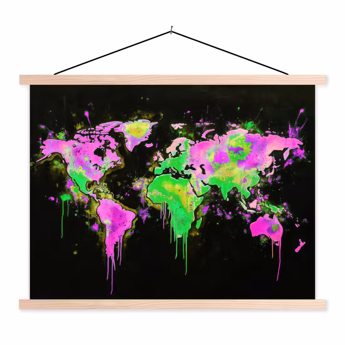 Stoffbild - Weltkarte - Neon - Grün - Rosa