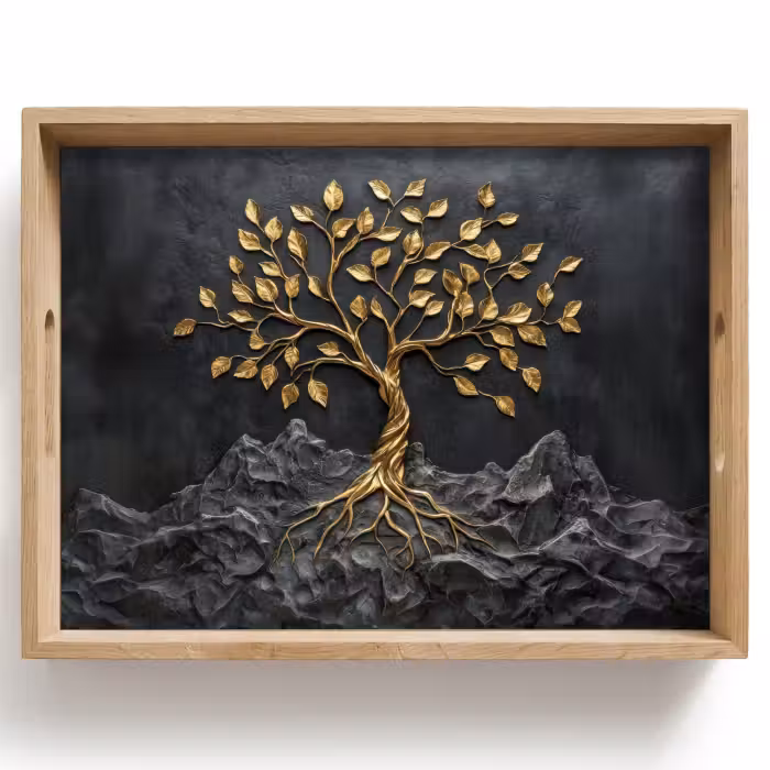 Tablett - Blätter - Gold - Baum - Fels