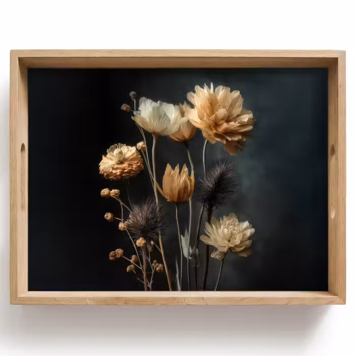 Tablett - Blumenstrauß - Blumen - Licht - Schwarz