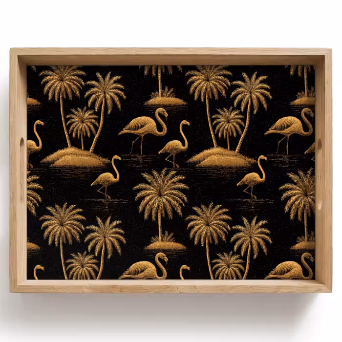 Tablett - Flamingo – Palmen – Tropisch – Gold – Schwarz
