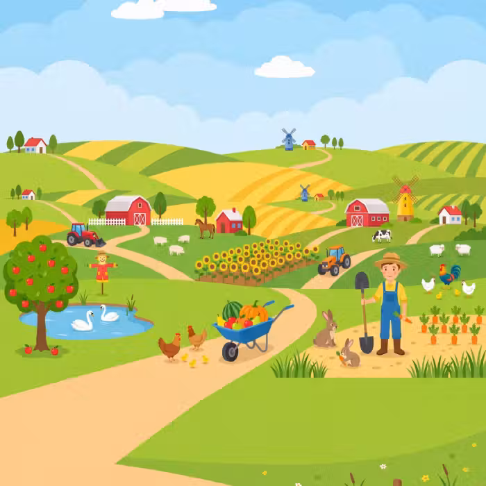 Tapete - Bauernhof – Landschaft – Karikatur