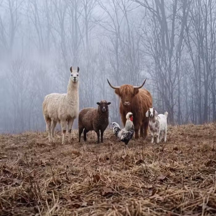 Tapete - Bauernhoftiere - Gruppe - Nebel - Natur - Rustikal