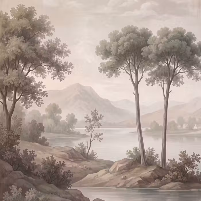 Tapete - Bäume - See - Berge - Illustration