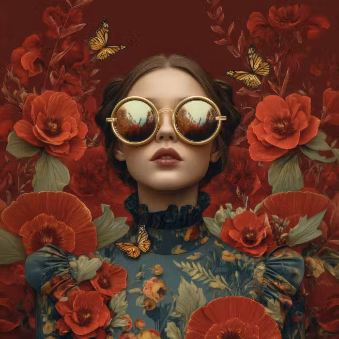 Tapete - Blumen - Tiefrot - Sonnenbrille - Frau