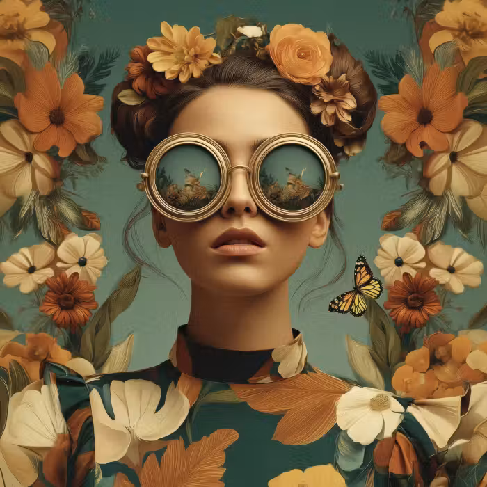 Tapete - Blumenkranz – Frauengesicht – Sonnenbrille – Orange