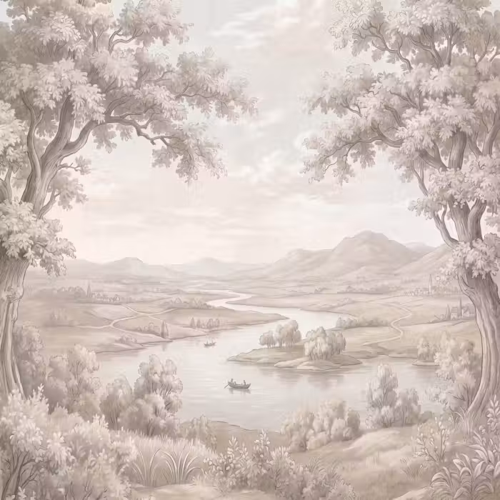 Tapete - Flusslandschaft - Berge - Natur - Vintage - Beige