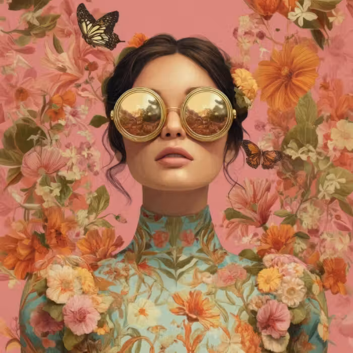 Tapete - Frau - Brille - Rosa - Blumen